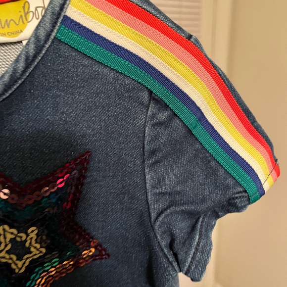 MINI BODEN PRE-LOVED AUTHENTIC DENIM RAINBOW TRIM & SEQUIN DESIGN SWING DRESS - Picture 10 of 17